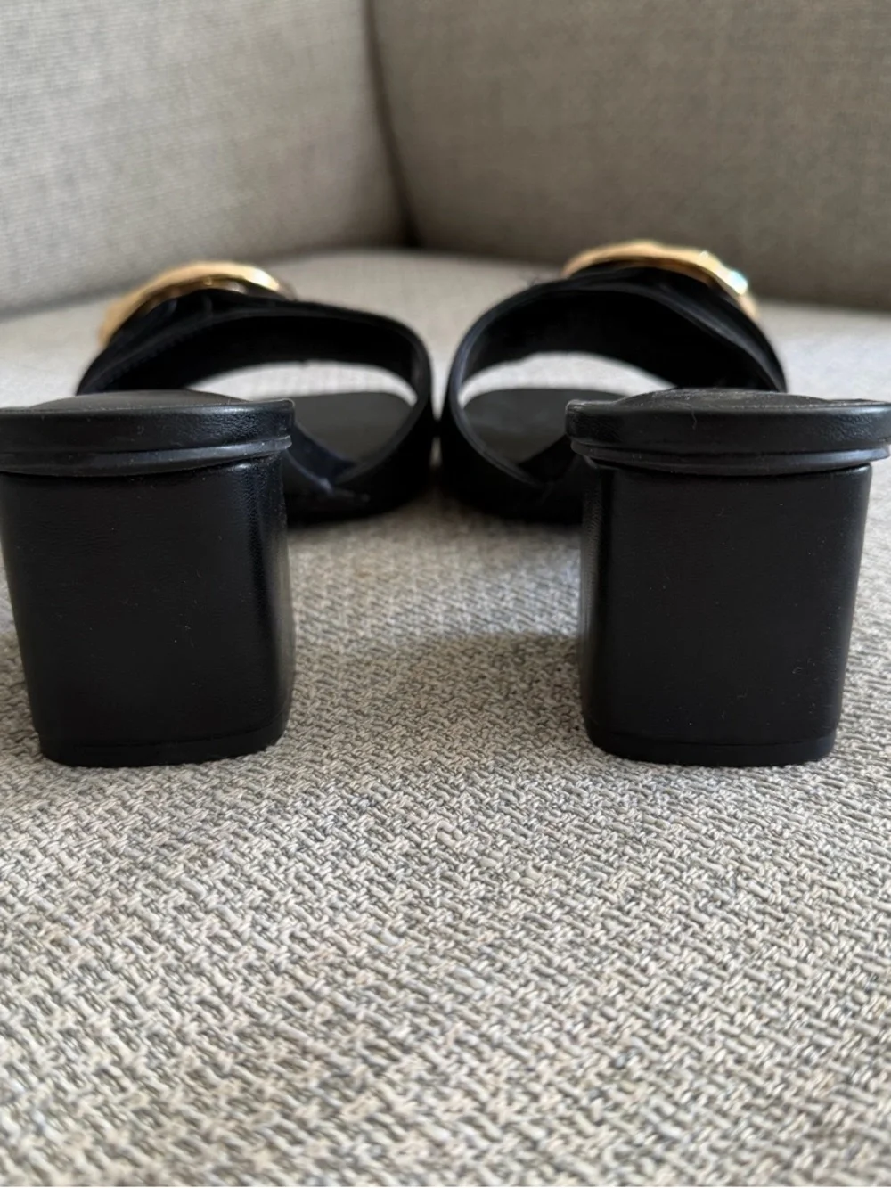 A New Day- Black Slide Heeled Sandals with Gold Buckle - Picture 6 of 8